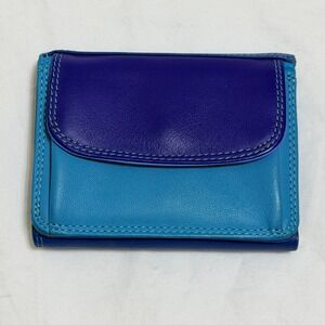 Mywalit Blue Purple Leather Trifold Purse Wallet Seascape Colorblock Coin Pocket